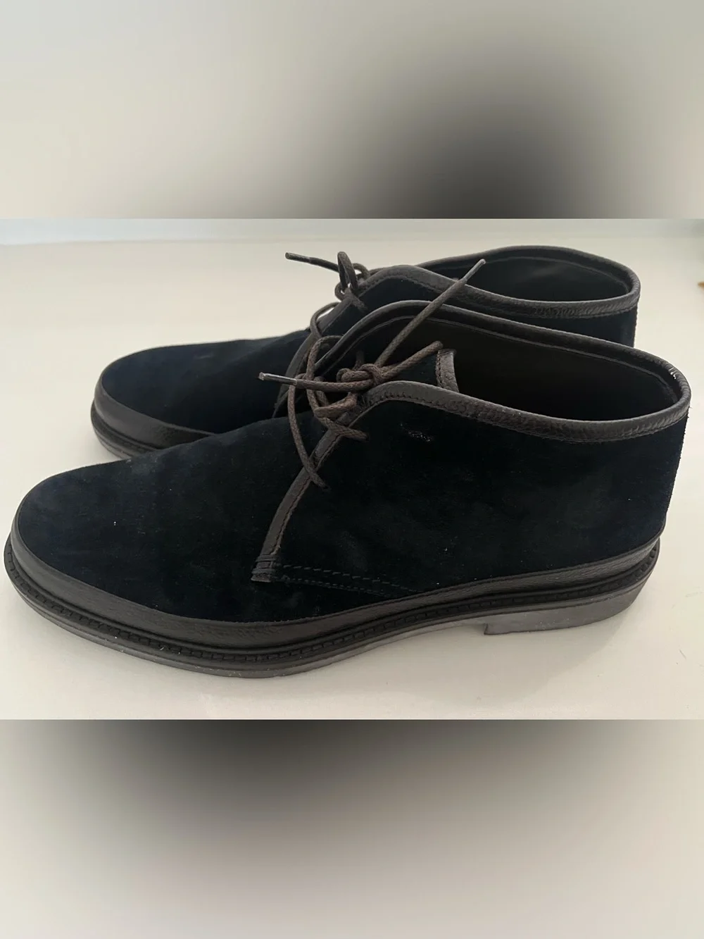 Salvatore Ferragamo Men's Navy Suede with brown leather trimmed Chukka Boots